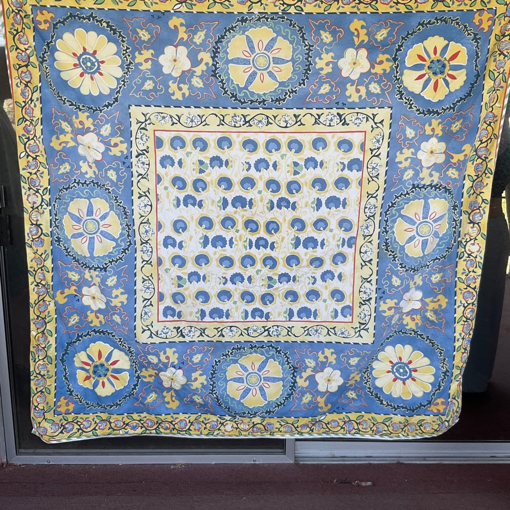Beauvillé Tablecloth Hand Printed France Cotton Blue Yellow Floral Square 60x60